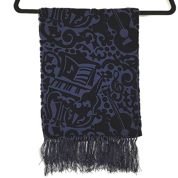 ZazouLuxe Silk Blend Navy Blue Sheer Velvet Flocked Music Inspired Fringed Scarf - Picture 1 of 8
